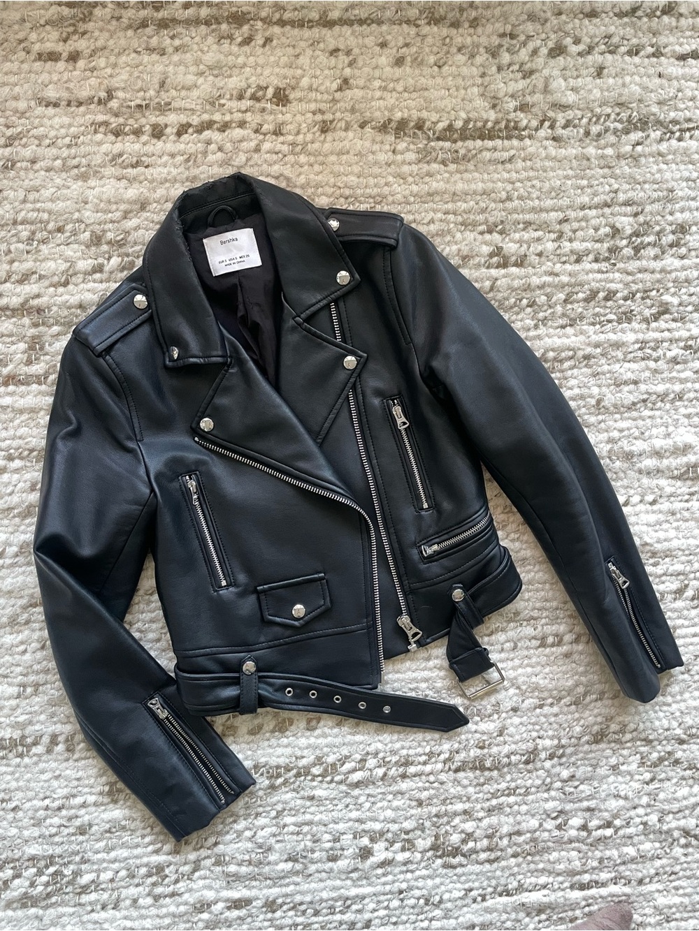 Bershka Moto Biker Leather Jacket - Black - Small